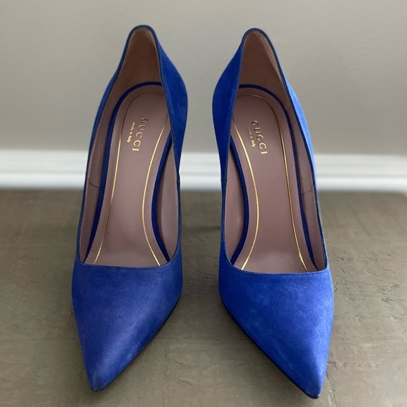 💙 Gucci Blue Suede Pointed Toe Pumps Size 38.5 - Picture 6 of 16